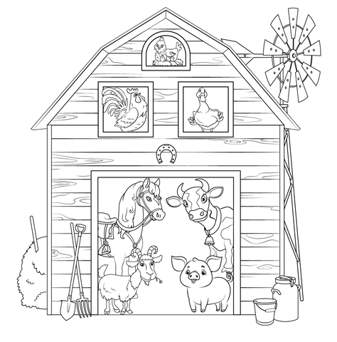 Farm Barn With Animals Coloring Page